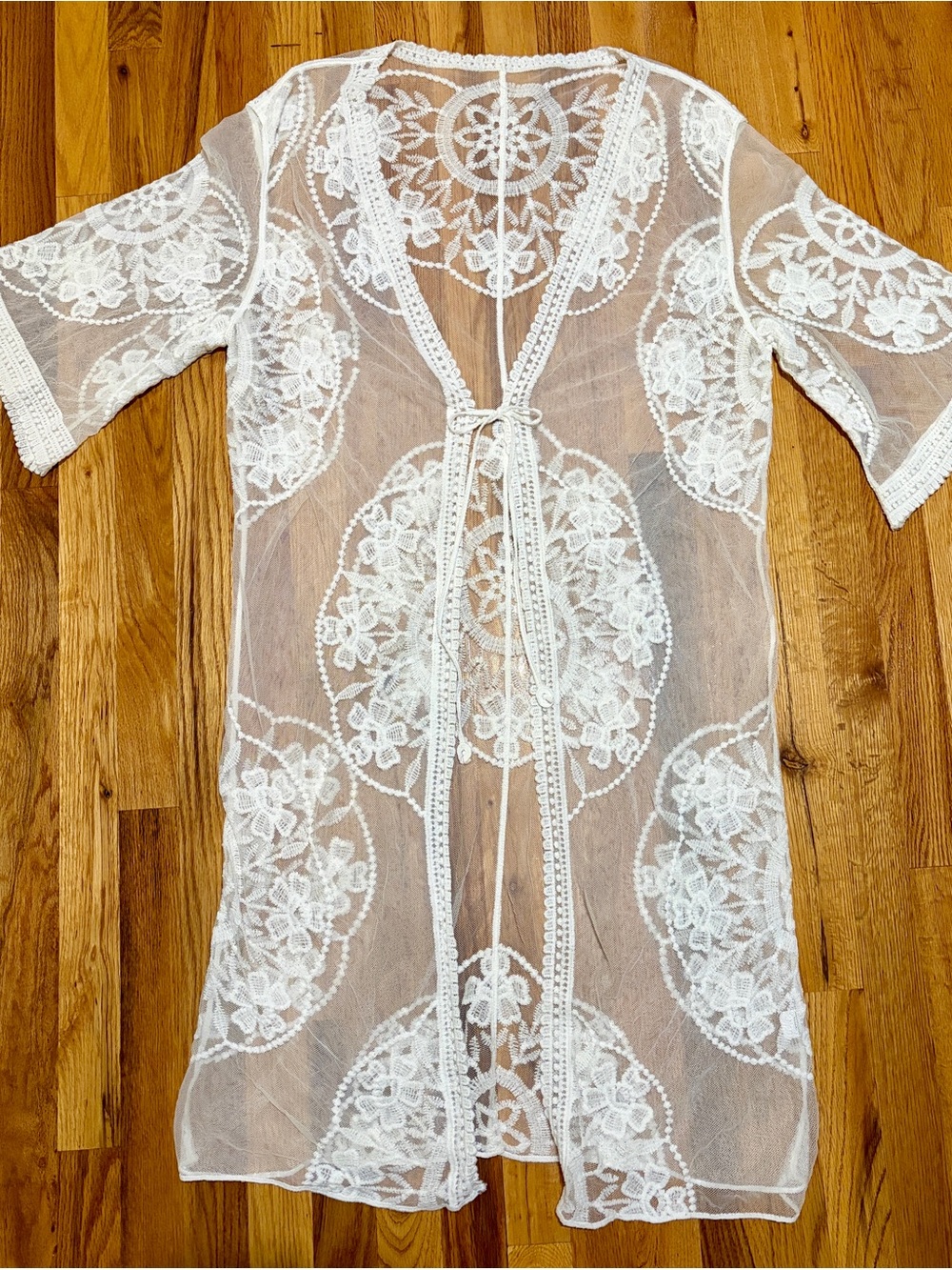 Boho White Lace Kimono Duster Festival Robe Sheer Swim Coverup Medallion OS